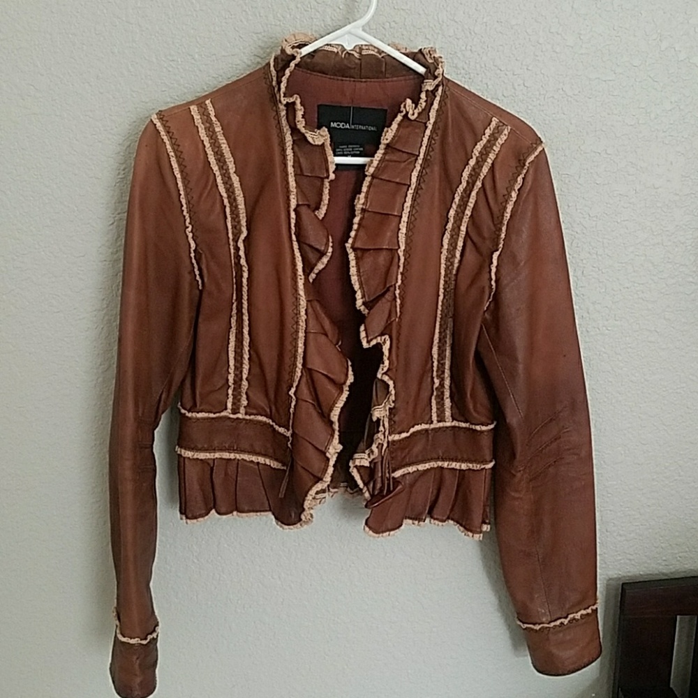 Vintage brown leather ruffle jacket